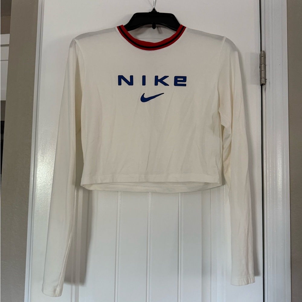 Nike White and Blue Long Sleeve Crop Tee